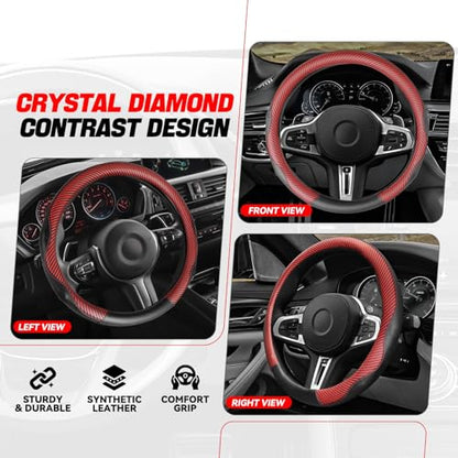 Auto Dynasty Steering Wheel Cover, Breathable Microfiber Leather Car Steering Wheel Protector with Red Black Carbon Fiber Stitching, Anti-Slip, [14 1/2 to 15 Inches] Universal Fit Cars Trucks SUVs - color: Carbon Fiber Red A