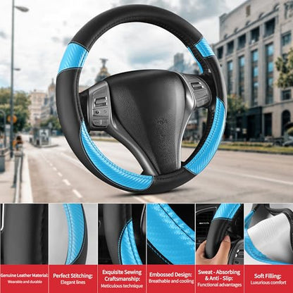 Non-Slip Car Nappa Leather Steering Wheel Cover,Universal Car Accessories Women Men Fit 14" 1/2-15" Suvs/Vans/Sedans/Cars/Trucks,Light Blue - color: Black Light Blue