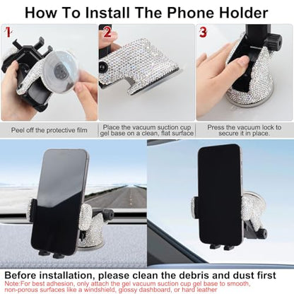 Bling Car Phone Mount Holder,Shiny Crystal Rhinestone Phone Stand for Women and Girls, Car Accessories for Windshield Dashboard,Compatible with Most Cellphones (White) - color: white