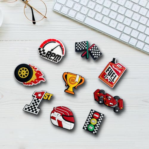Premium Racing Shoe Charms Set, 9 Waterproof PVC Charms for Sandals, Backpacks, Wristbands and Accessories