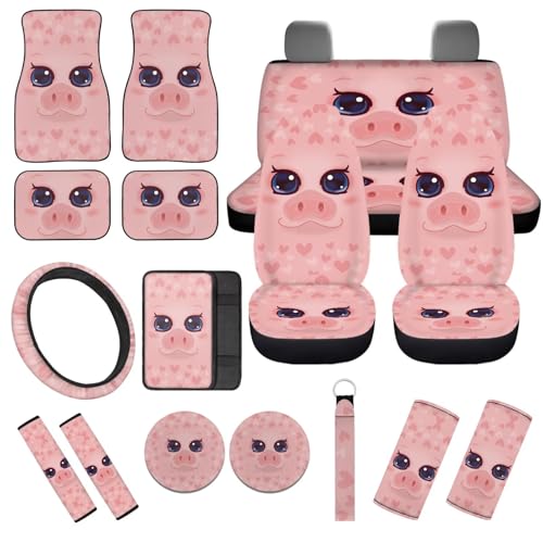 Cute Pig Car Seat Cover Full Set 17 Pc,Floor Mats/Car Seat Cushion/Steering Wheel Cover/Seat Belt Mats/Armrest Mats/Coasters/Keychains Interior Protective Accessories 15 - color: Cute Pig