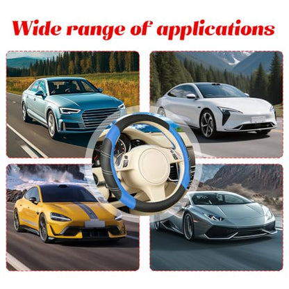 4PCS Car Accessories Set, 14.5-15" Sporty Microfiber Leather Steering Wheel Cover with Anti-Slip Lining, Center Console Cover, Seat Belt Cushion, Universal Fit (Black/Blue)
