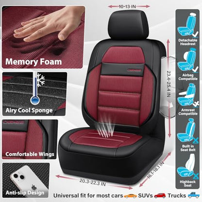 CAR PASS Memory Foam Seat Covers Front, Airy Cool Mesh Thick Car Seat Covers, Leather Car Seat Covers Front Seats Airbag Compatible, Universal Automotive Comfort for Most Cars, Trucks, SUV, Burgundy - color: Burgundy