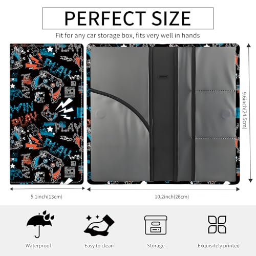 Premium Car Registration and Insurance Card Holder, Cute PU Leather Car Document Holder, Vehicle Glove Box Car Organizer with Magnetic Closure for Driver License, Cards Neon Gamer Pattern - color: Neon Gamer Pattern