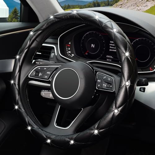 KAFEEK 16 inch Diamond Soft Leather Steering Wheel Cover,Compatible for F150 F250 F350 Ram 4Runner Tacoma Tundra Range Rover - color: Black, size: Large Size[15.5"-16"]