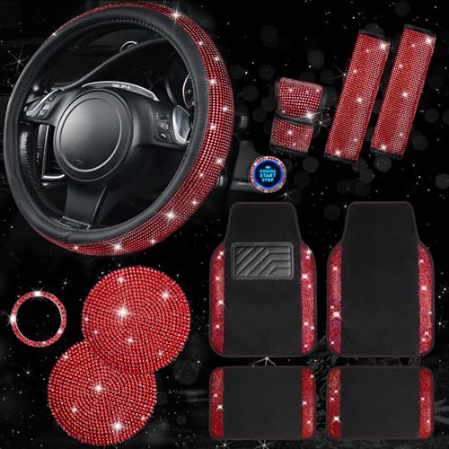 CAR PASS 11 PCS Bling Diamond Car Mats Set for Women Girls, Sparkly Rhinestone Steering Wheel Cover, Waterproof Floor Mats Universal Fit for SUV,Vans,Sedans,Trucks Anti-Slip, Interior Sets Black Red - color: Red Rhinestone, size: Floor Mats Sets