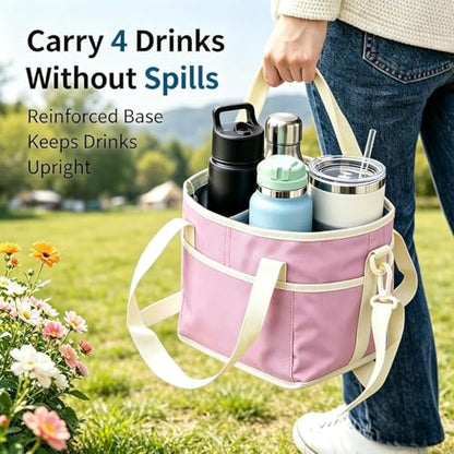 Drink Carrier Bag for 4 Cups, Insulated Drink Carrier with 4 Compartments, Portable Tumbler Holder with Adjustable Strap, Drink Caddy Tote for Coffee, Travel, Takeout & Outings (Pink) - color: Pink
