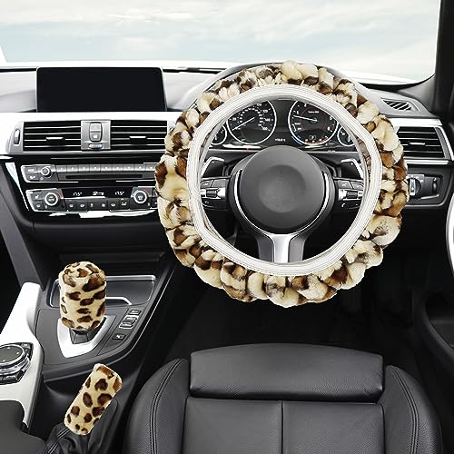 X AUTOHAUX Elastic Leopard Pattern Fluffy Car Steering Wheel Cover with Handbrake Gear Shift Cover Set Universal Beige - color: Beige