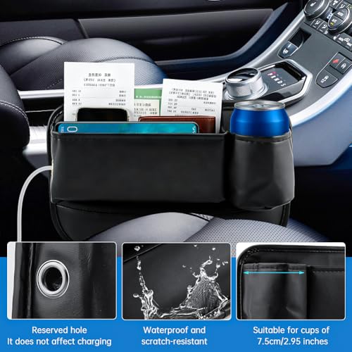 2Packs Car Seat Filler Organizer, Seat Gap Storage Box with Water Cup Holder & 4 Car-Seat Headrest Hooks, Universal fit for Most Car, for Phone, Keys, Wallet, Sunglasses and Bottles, Prevent Dropping