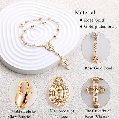 Gold Plated Beads Catholic Guadalupe Car Rearview Mirror Rosary Hanging Charm Chain for Women with Gift Box - color: Hollow beads