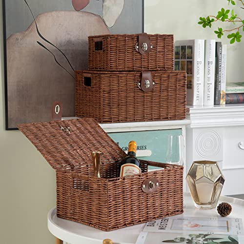 Set of 3 Woven Wicker Storage Basket Box with Lids & Lock, Built-in Carry Handles, Multifunctional Storage Organizer for Nursery, Baby, Clothes, Toys, Books, Large/Medium/Small Size (Natural)