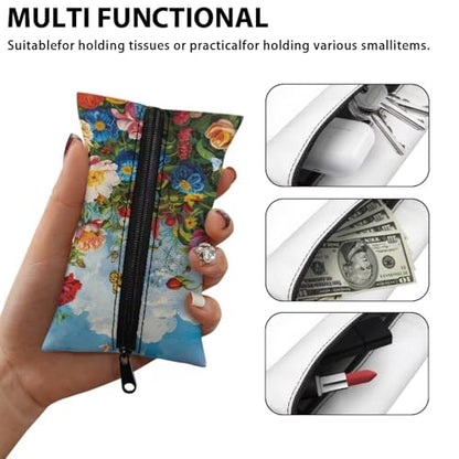 Floral Fabric Purse Zipper Tissue Bag Butterfly Pattern Pocket Tissues Travel Packs Washable Tissue Holder 5.2 x 3.2 Inch Tissue Packs for Coins Tissue Cards Car Travel Office Home - color: Floral Butterfly