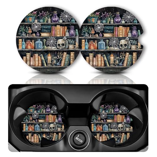 Yonlevres Car Coasters for Cup Holders，2.75" Universal Size Anti Slip Rubber Mat with A Finger Notch, 2 Pack Cup Holder Coasters for Car Interior Accessories for Women Men Gothic Bookshelf - color: Gothic Bookshelf