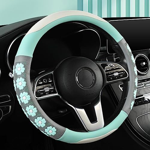Car Steering Wheel Cover for Women Cute Flower Pink Steering Wheel Cover Leather Non-Slip Fit 15 inch - color: Lake Blue