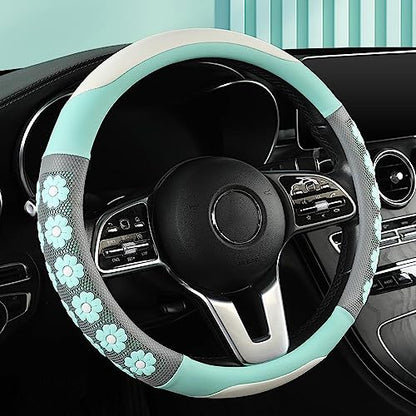 Car Steering Wheel Cover for Women Cute Flower Pink Steering Wheel Cover Leather Non-Slip Fit 15 inch - color: Lake Blue