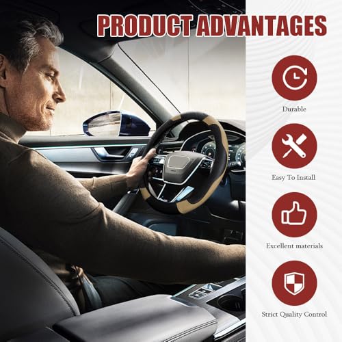 Car Steering Wheel Cover, Steering Wheel Protector, Universal 14.5-15 Inch Microfiber Leather Breathable Auto Steering Wheel Covers, Carbon Fiber Steering Wheel Cover for Women Men (Beige) - color: Beige
