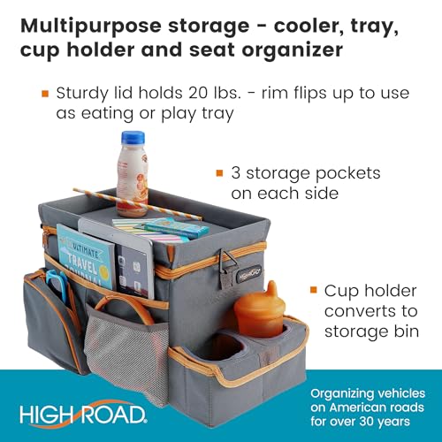 High Road CarHop Car Caddy Organizer with Road Trip Cooler, Car Cup Holder Bin, Sturdy Snack and Play Lid and 6 Organization and Storage Pockets, Gray - color: Gray