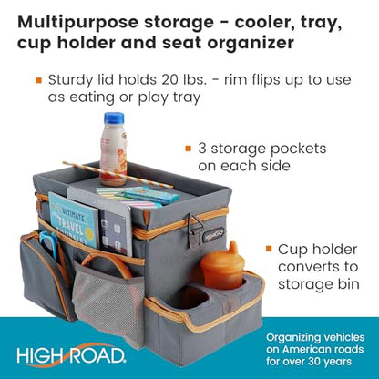 High Road CarHop Car Caddy Organizer with Road Trip Cooler, Car Cup Holder Bin, Sturdy Snack and Play Lid and 6 Organization and Storage Pockets, Gray - color: Gray