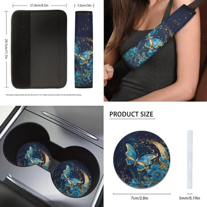 11Pcs Butterfly Car Accessory Interior Full Sets Blue Moon Butterfly Car Seat Covers Auto Seat Protection with 15Inch Neoprene Steering Wheel Cover Seatbelt Pads Keychain Seatbelt Pad - color: Blue Butterfly