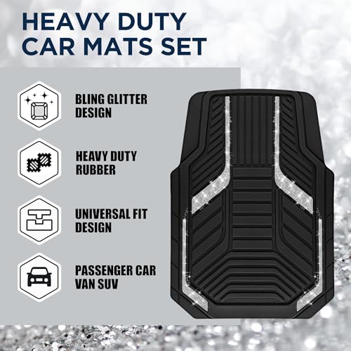 PIC AUTO Car Floor Mats, Silver Sparkly Crystal Bling Glitter Car Mats Set, Front and Rear Heavy Duty Rubber Car Mats with Anti-Slip Backing, All Weather, Trim-to-Fit for SUVs, Trucks, Sedan, Vans - color: Sliver Glitter