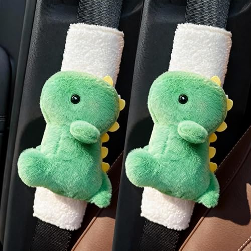 2 PCS Seat Belt Cover Pad, Cute Dinosaur Seatbelt Covers for Kids, Winter Plush Fluffy Soft Seatbelt Cushion, Car Seat Strap Pads (Green) - color: Green
