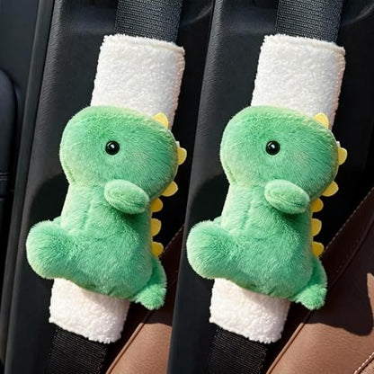 2 PCS Seat Belt Cover Pad, Cute Dinosaur Seatbelt Covers for Kids, Winter Plush Fluffy Soft Seatbelt Cushion, Car Seat Strap Pads (Green) - color: Green