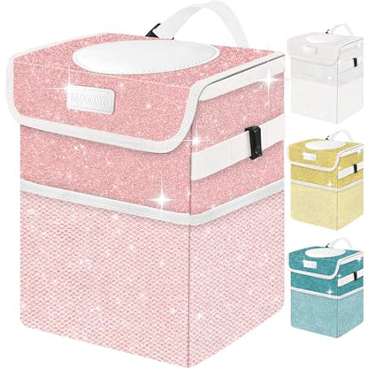 Cute Mini Car Trash Bag with Lid, Glitter Garbage Can Bin Hanging for Back/Front Seat/Console, Waterproof, Leakproof, 2.5 Gallon, Pink Bling Sparkly
