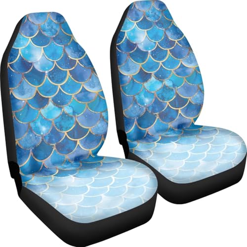Gradient Blue Mermaid Scale Print Universal Car Seat Covers Front Seats Only for Women,Fit for Most Cars - color: Gradient Blue Mermaid Scale Print 86