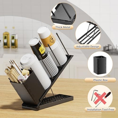 Dunatou Adjustable Cup and Lid Holder with Straw Holder & Storage Box – 4-Compartment Coffee Cup Organizer Dispenser for Countertop, Office Coffee Bar Station, Ninja Slushi Machine, Dirty Soda Bar