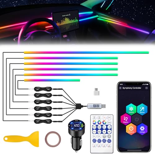 Dreamcolor Acrylic Interior Car LED Strip Light with USB/Type C/4-Port Cigarette Lighter, RGB 6 in 1 with 179.24 inches 650 LEDs Ambient Lighting Kits, Sound Active Function Neon Led Strips for Car - size: dreamcolor 6 in 1(4*29.5inch+1*47.24inch+1*14inch