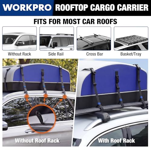 WORKPRO 21 Cubic Feet Rooftop Cargo Carrier Roof Bag, Waterproof Roof Rack Cargo Carrier for Vehicles with/Without Rack, Heavy Duty 840D PVC, Includes Anti-Slip Mat, 6 Door Hooks and Storage Bag