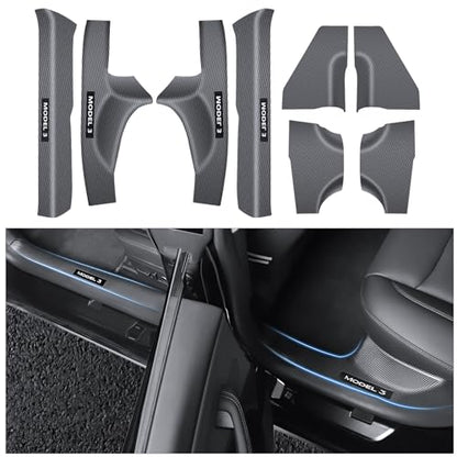 8PCS Door Sill Protector for Tesla Model 3 Highland 2024-2026, Carbon Fiber Texture Door Sill Guards Anti-Scratch, Full Protect Front and Rear Door Protection Pad Tesla Interior Accessories