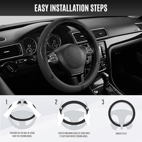 PIC AUTO Steering Wheel Cover, Black Patterned Leather Patchwork Design, Universal Fit 14.5"–15.5", Anti-Slip, Odor-Free, Soft PU Grain Leather, Durable Grip Car Accessory for Girls & Women