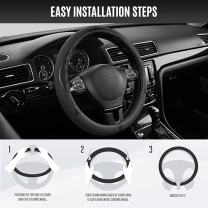 PIC AUTO Steering Wheel Cover, Black Patterned Leather Patchwork Design, Universal Fit 14.5"–15.5", Anti-Slip, Odor-Free, Soft PU Grain Leather, Durable Grip Car Accessory for Girls & Women