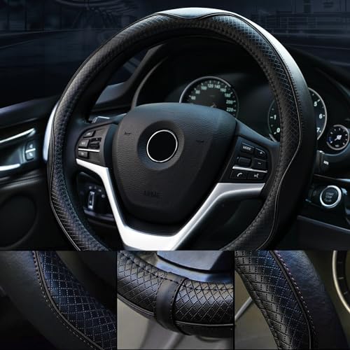 Valleycomfy Steering Wheel Covers Universal 15.75 inch - Genuine Leather, Breathable, Anti Slip & Odor Free (Black with Black Lines, L(15" 1/2-16")) - color: Black with Black Lines, size: L(15"1/2-16")