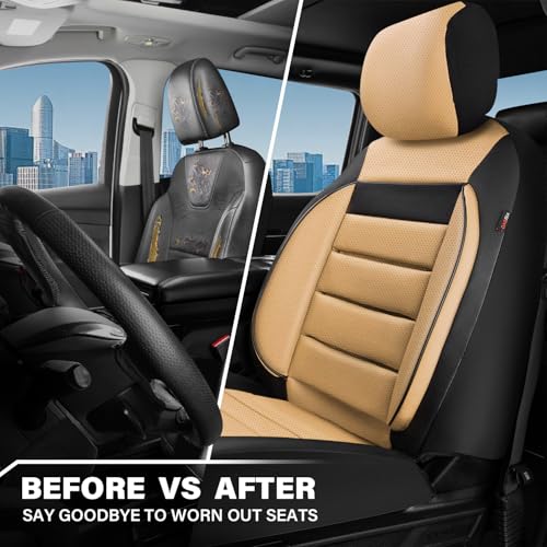 CAR PASS Faux Leather Car Seat Covers Front Seats Only, 3D Foam Support Car Seat Covers, Universal fit for Trucks Vans SUVs Sedans Automotive Comfortable, Airbag Compatible 2 Pieces Front Black Beige