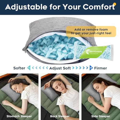 All-in-1 Camping Pillow Set - Shredded Memory Foam Neck Pillow Travel Pillow with Eye Mask, Earplugs, Washable Cover, Compact for Backpacking, Camping, Flights, Car Travel (Medium Size) - size: Medium