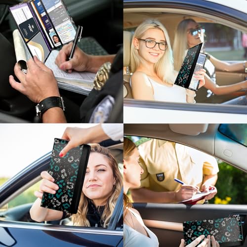Car Registration and Insurance Holder with Magnetic Closure, Universal Document Organizer for License, Insurance Cards & Glove Box Storage (Leopard-Green and Silver) - color: Leopard-Green and Silver