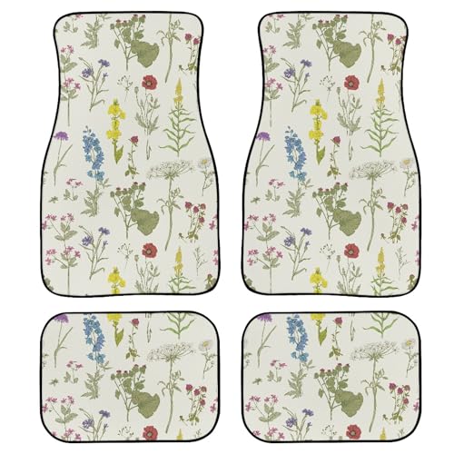 Vintage Wildflower Car Floor Mats Set of 4,Multicolored Flower Plant Sage Green Leaves Floor mats for Cars Universal Front Rear Vehicle Foot Rugs Botanical Floral Car Accessories for Trucks - color: Yellow Green Beige