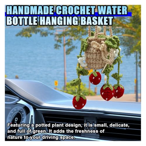 Crochet Hanging Plant Car Pendant - 12ml Empty Refillable Glass Bottle and Cute Potted Plant Car Rear View Mirror Charm - Handmade Knitted Ornament (Strawberry)