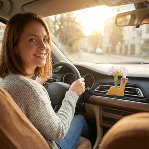 Little Glass Flower Vase Air Vent Clip, Wooden Stand Car Aroma Diffuser, Car Air Vent Decor Plant Holder, Auto Interior Decorations (Beech Snail)
