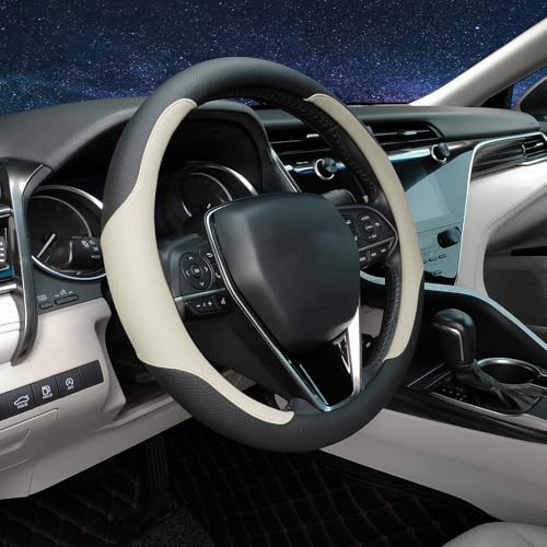 Steering Wheel Cover Standard Size Medium 14.5-15 inch, Non-Folding Packaging, Microfiber Leather, Anti-Slip, Soft Grip, Universal Fit for Cars SUVs Trucks, Black and Off-White - color: Black and Beige