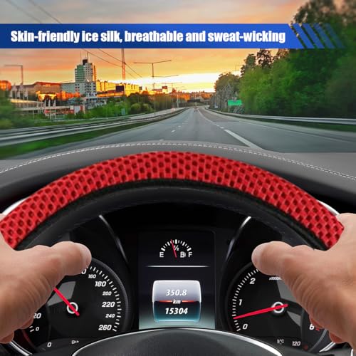 Elastic Stretch Steering Wheel Cover, 15" Breathable Microfiber Ice Silk Steering Wheel Protector, Universal Anti-Slip Car Warm in Winter&Cool in Summer Accessories for Men Women (Red) - color: Red