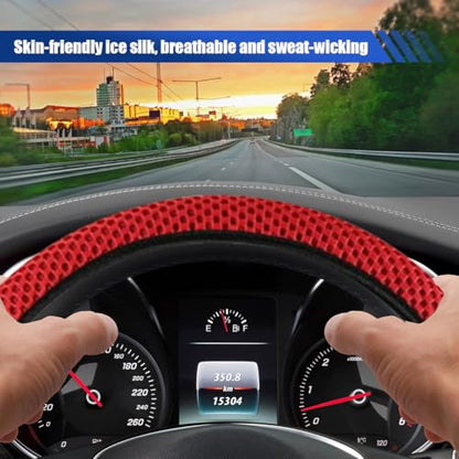 Elastic Stretch Steering Wheel Cover, 15" Breathable Microfiber Ice Silk Steering Wheel Protector, Universal Anti-Slip Car Warm in Winter&Cool in Summer Accessories for Men Women (Red) - color: Red