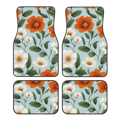 OSAM SPACE Orange White Flowers Car Floor Mats Set of 4 All Weather Trunk Mat Anti-Slip Automotive Carpet Decor Rugs Universal Car Accessories - color: Orange White Flowers