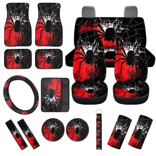 Gothic Spider 17 Pcs Car Accessories Seat Covers Full Set Steering Wheel Cover Floor Mats Center Console Pad Cup Holders Seat Belt Pads for Women Men Car Interior Decor - color: Gothic Spider