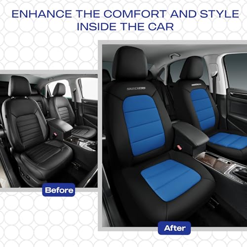 Skechers Memory Foam Car Seat Covers,Thick Cool Touch Fabric Seat Covers,Front Seat Cover Airbag Compatible,Automotive Comfort Protection for Most Cars,Vans,Trucks,SUV,Blue