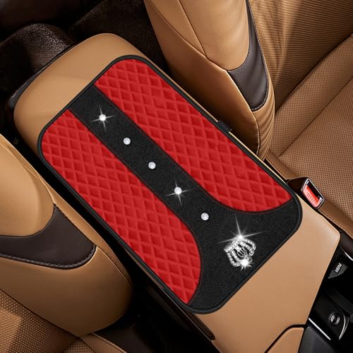 Red Bling Car Console Cover Hot Red Arm Rest Center Console Cushion Pad, Universal Anti-Slip Leather Armrest Box Decor Protector with Crystal Sparkling Rhinestone Car Accessories(Red) - color: Red