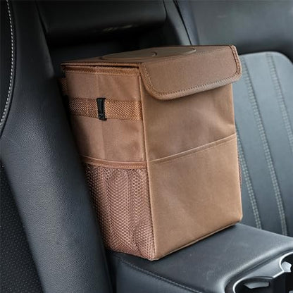 AOKJOY Car Garbage can with lid Leak Proof Vehicle Trash Can 3 Storage Pockets Hanging Waterproof car Trash Bag for SUV Brown - color: brown
