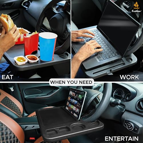 EcoNour 4 in 1 Car Steering Wheel Tray - 2026 Upgraded Tray with Dual Sauce Dip Holder and Tablet Holder | Spacious Steering Wheel Desk for Food and Laptop | Car Accessories (Large) - size: Large-Black